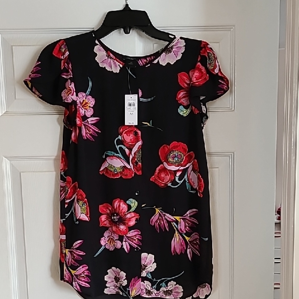 Ann Taylor Black Blouse with Pink and Red Floral Design